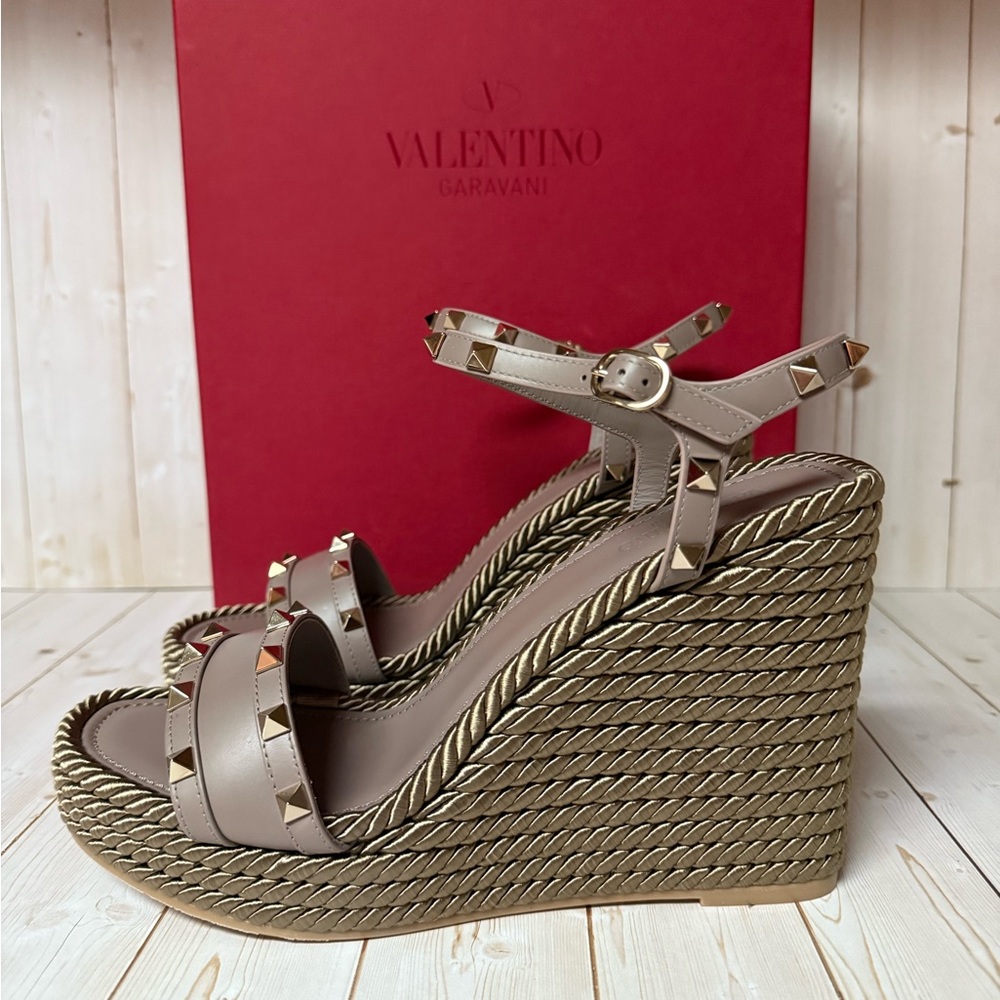 Valentino Garavani Rockstud Torchon Espadrille Wedge Taupe Sz 41 / 11 - Picture 4 of 15